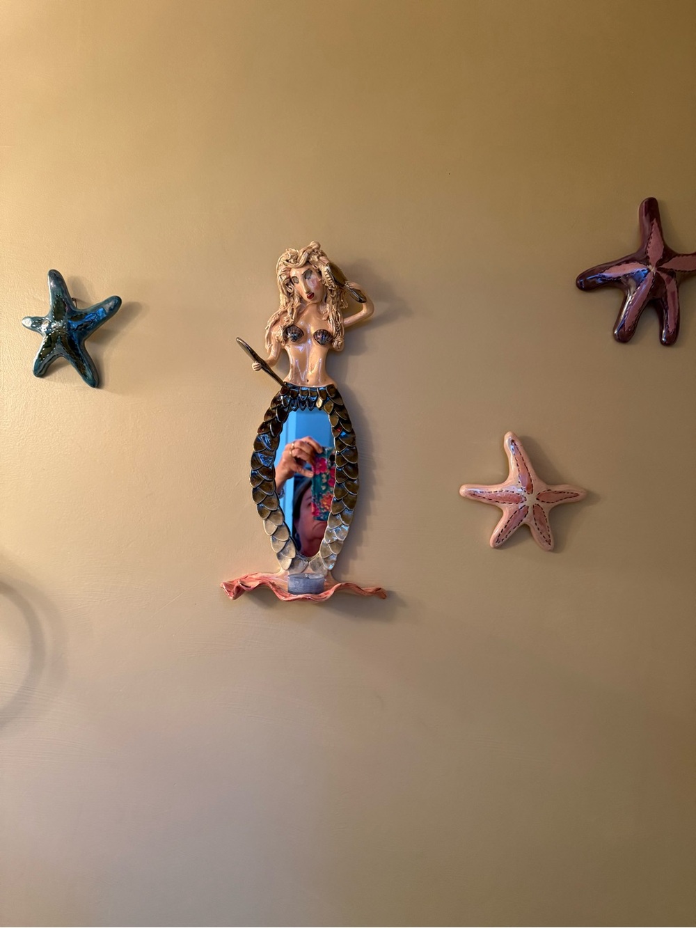 Blue Sky Clayworks  Ceramic Mermaid Wall Mirror - Blue , green and Cream
